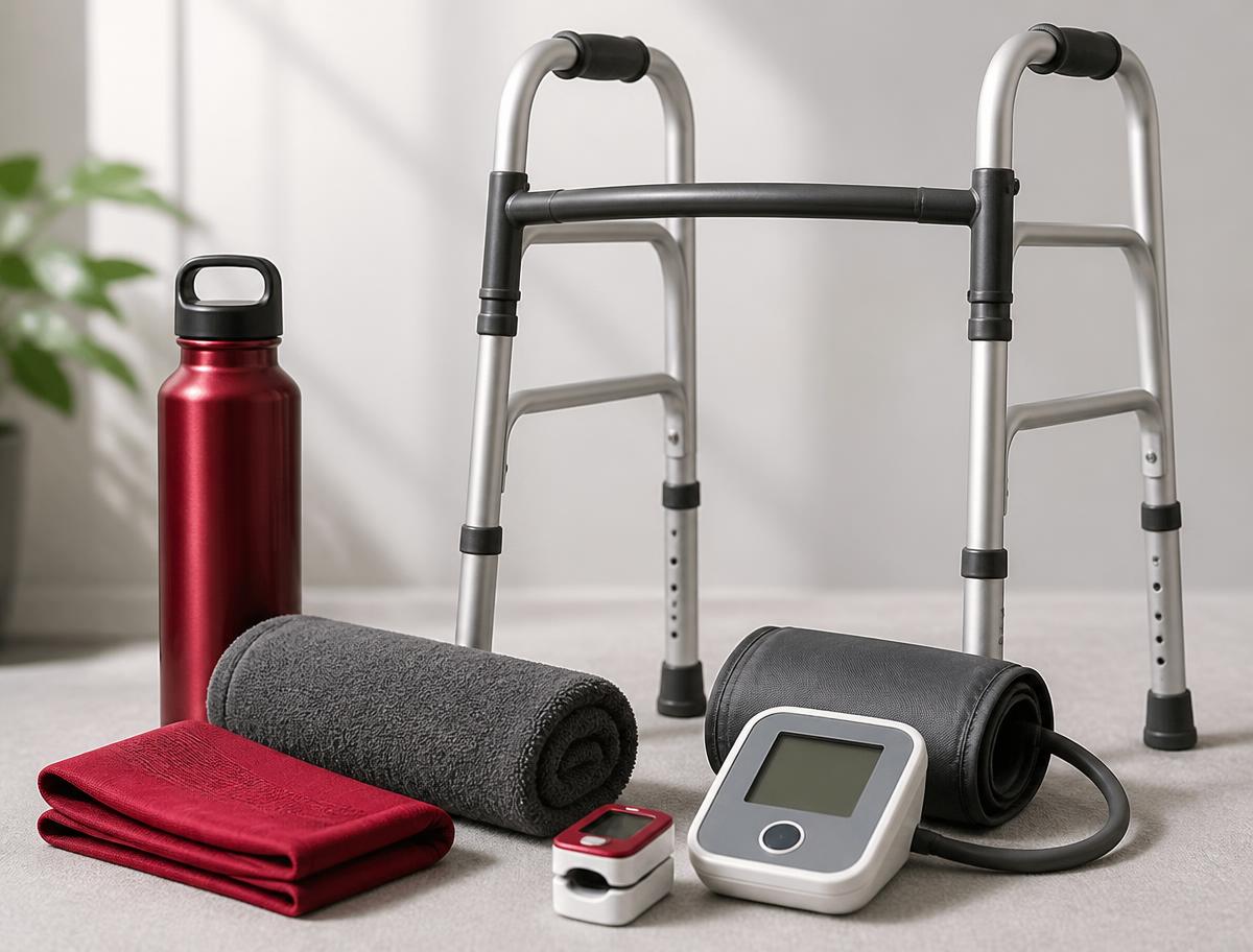Home health and wellness products including a walker, blood pressure monitor and pulse oximeter