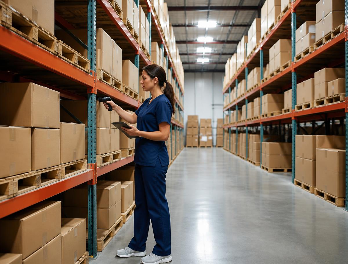 Medical supply distribution warehouse aisle with stocked shelving
