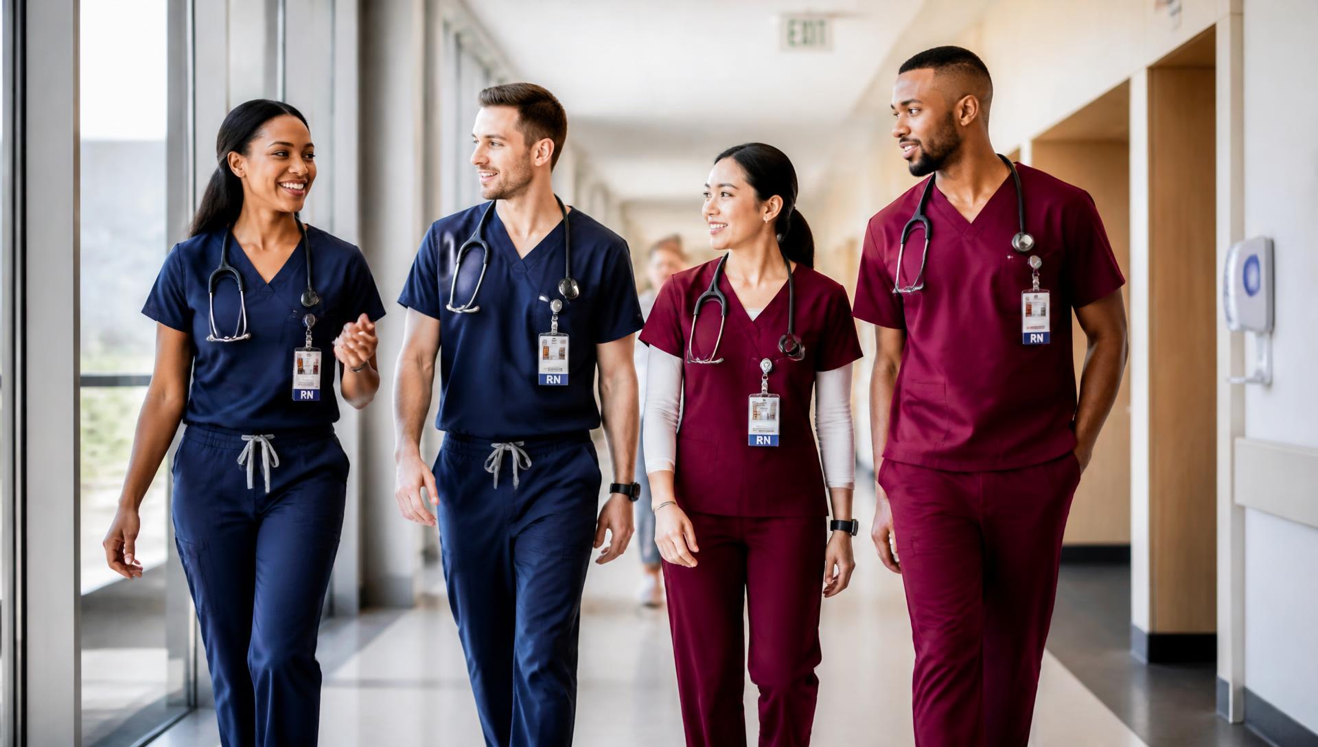 HeartWell healthcare professionals walking through a hospital corridor
